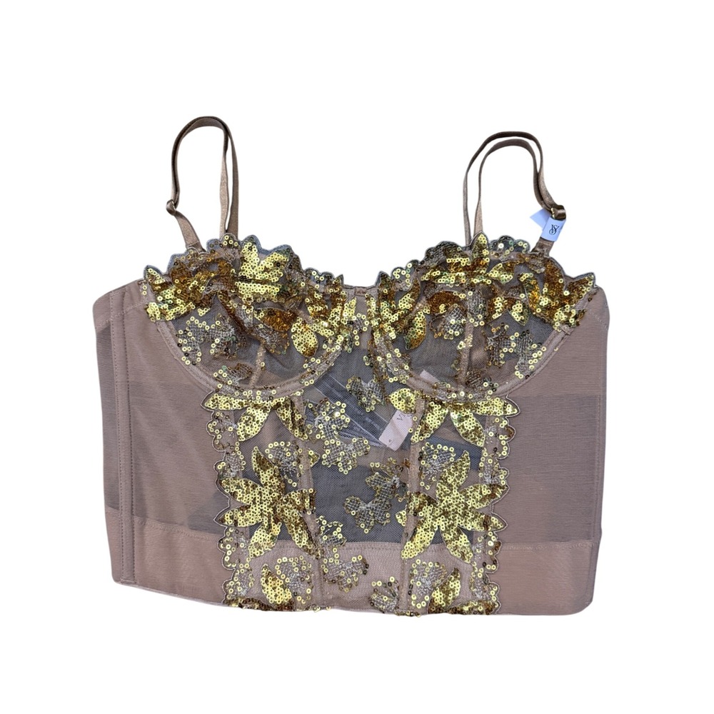 Victoria's Secret Gold Sequin Floral Mesh Bustier Top 34B Unlined Nude CC 66BQ